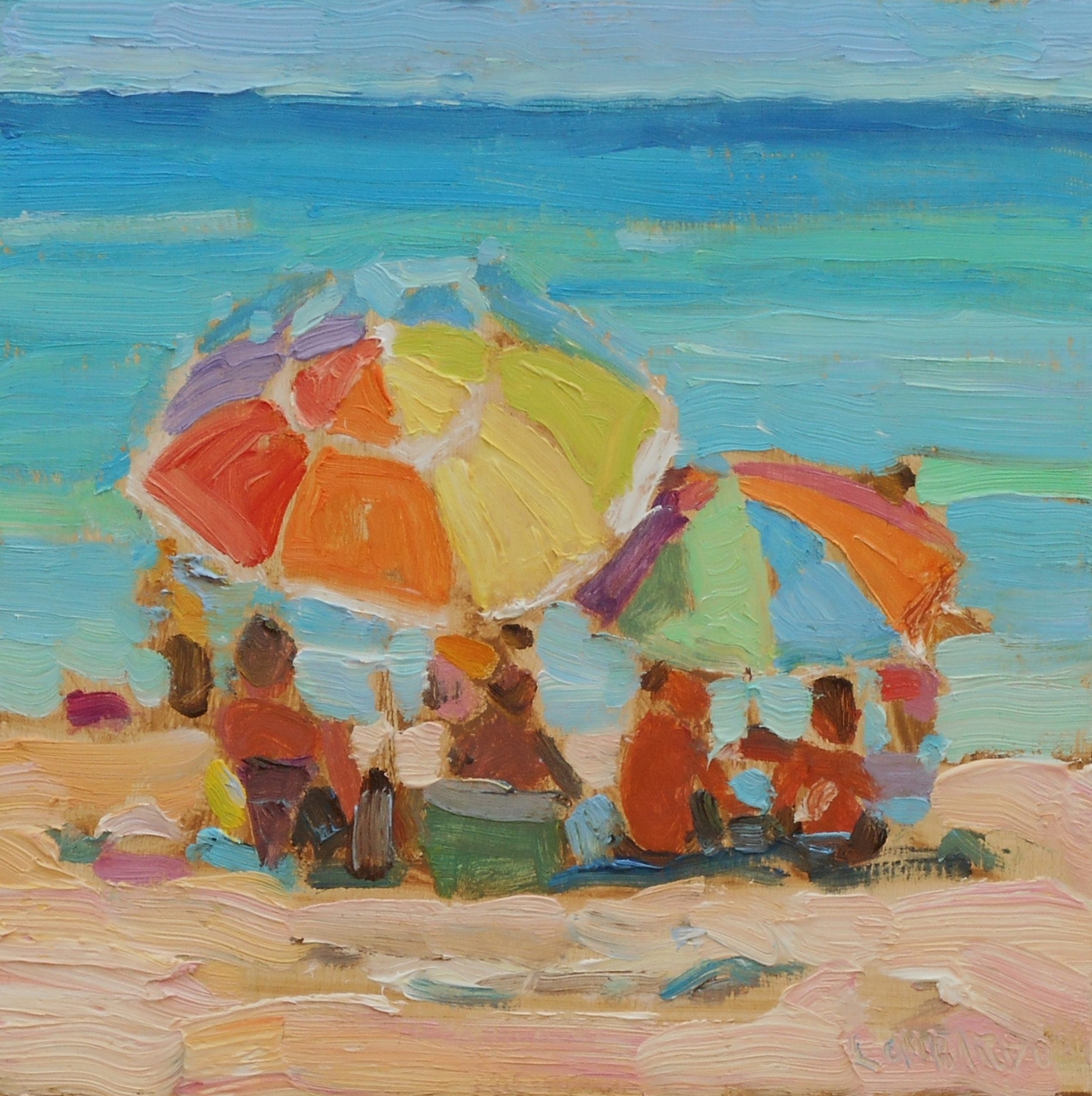 paintinf by Joseph Lombardo of colorful beach umbrella scene