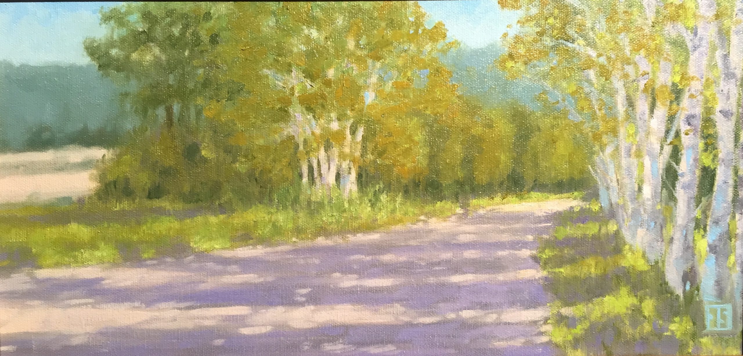 sunny road with birch trees painting