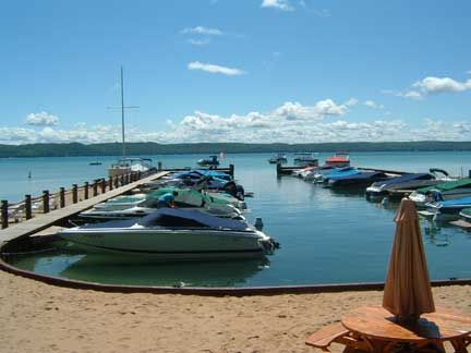 boats at dock and slips at Glen Craft Marina on Glen Lake