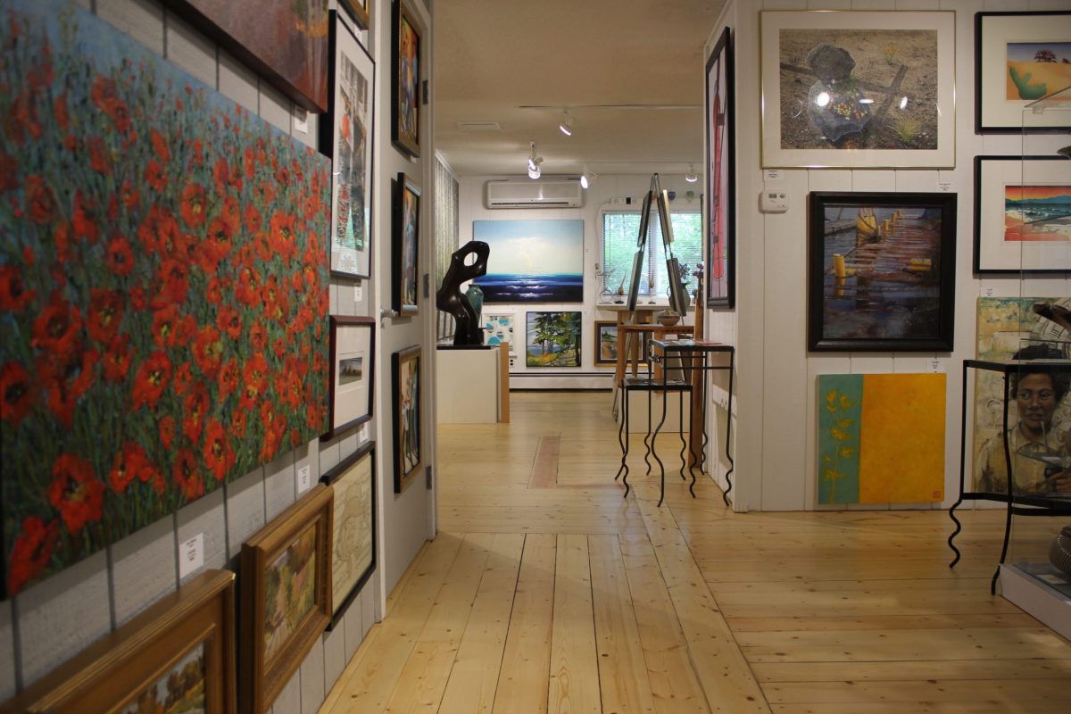 artwork on walls and view into gallery