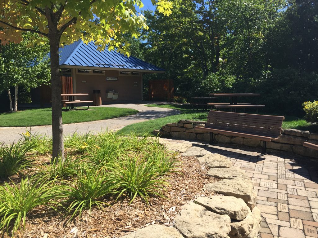 Public Garden, Visitor Information kiosk, Public Restroom and benches in Glen Arbor