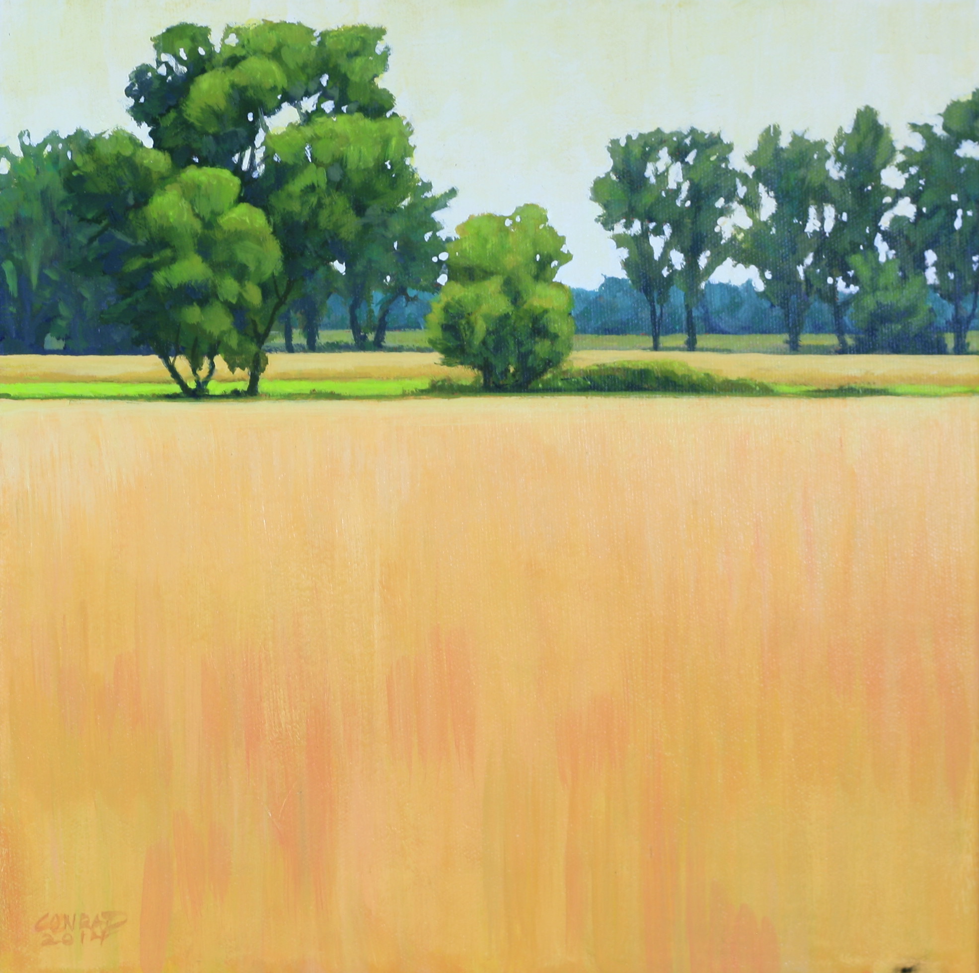 field and green trees painting