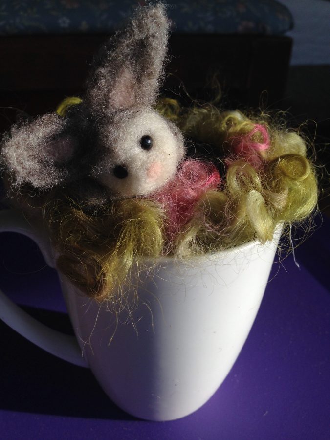 riverfront fibers handmade bunny in a cup