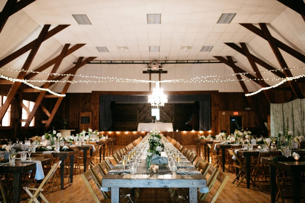 Rustic wedding reception set up at the Glen Arbor TownshipTown Hall