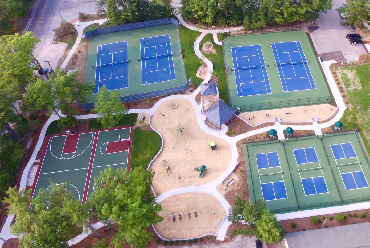 basket ball court, tennis, public restroom and playground