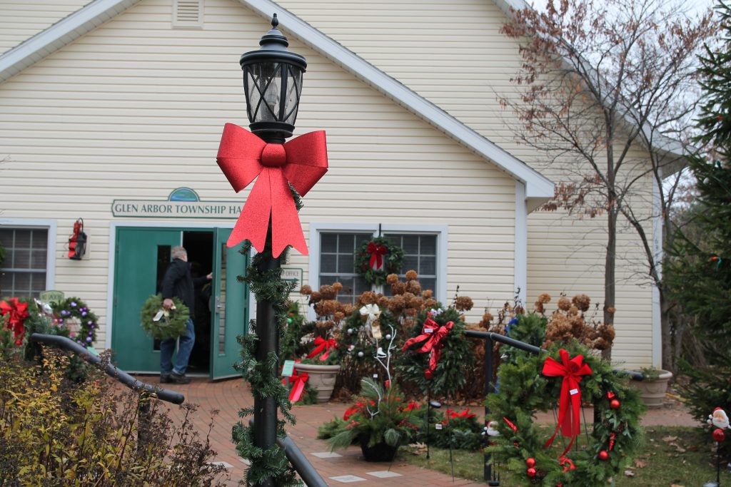 front of town hall, decked for the holidays